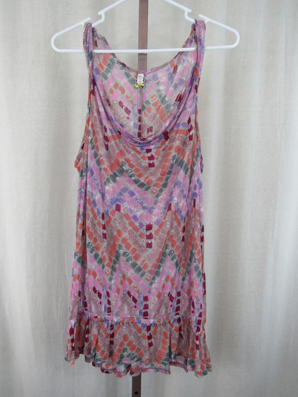 Free People Large Semi Sheer Tank Top Draped Neck Pink Geometric Multi Colored